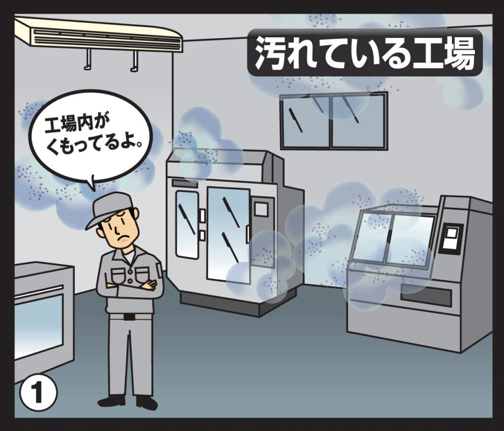 オイルミストで汚れている工場の様子。工場内の床や天井、機械が油で汚れており、作業員が「工場がくもってるよ。」と困っている状況を示すビフォー画像
