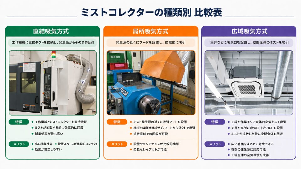 3つの設置方法を工作機械と一緒に示す図解