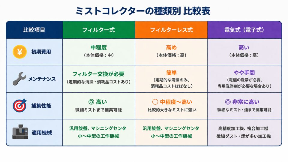 3つの種類（フィルター式・フィルターレス式・電気式）を比較した表