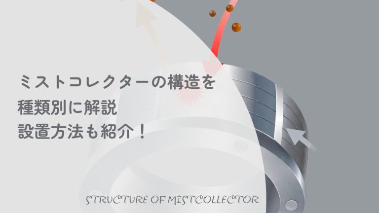 ミストコレクターの構造を種類別に解説。内部の部品や空気の流れを説明する3D図解を背景にした、設置方法も紹介するアイキャッチ画像。
