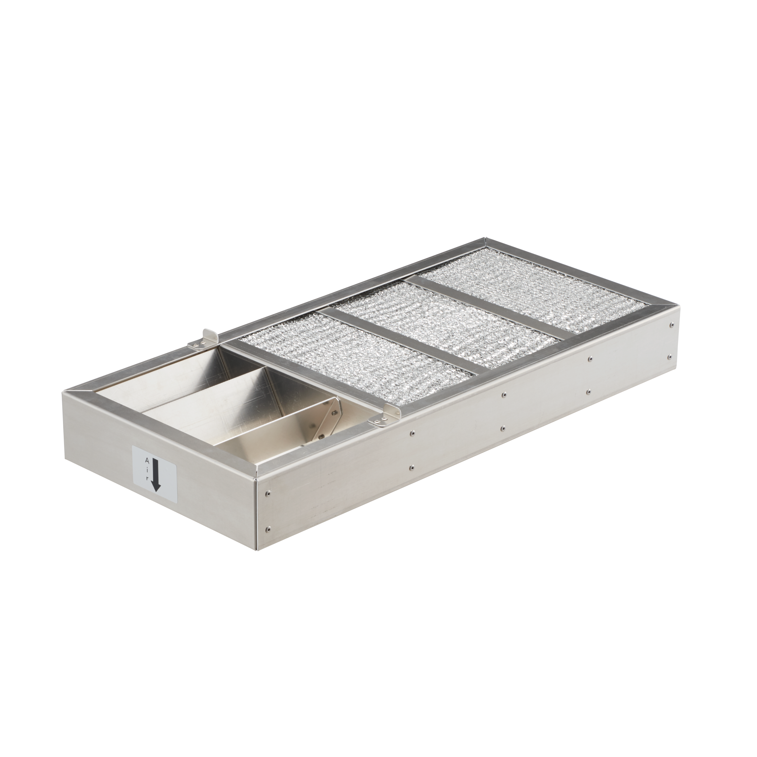 高温の火花やスパッタがメインフィルターへ到達するのを防ぐ前処理フィルター「デミスターユニット」。安全なヒューム吸引作業を実現するための重要な金属製ユニット部品です。