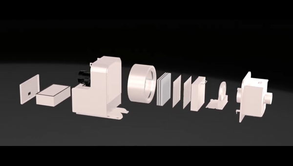 ヘビースモーカー（HVS）ミストコレクターの内部構造を分解した図。フィルターやファンなど各構成部品とミスト捕集の仕組みを示している。