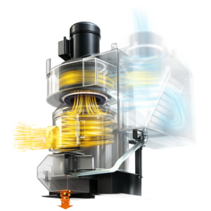 空気力学に基づく遠心分離方式によりミスト・スラッジ・切粉を内部に堆積させず自浄排出するミストコレクターの構造図