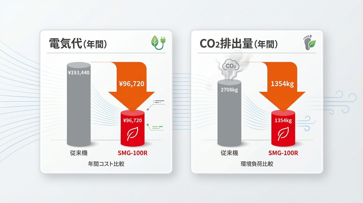 「ミストコレクターSMG-100Rによる電気代削減とCO2排出量削減の比較｜従来機比で年間コスト約10万円削減」